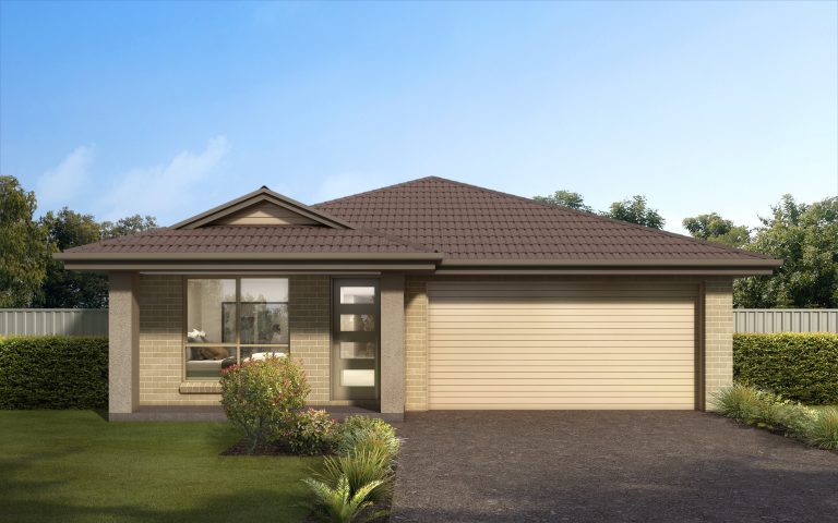 Render of a single-storey brick home with a double garage.