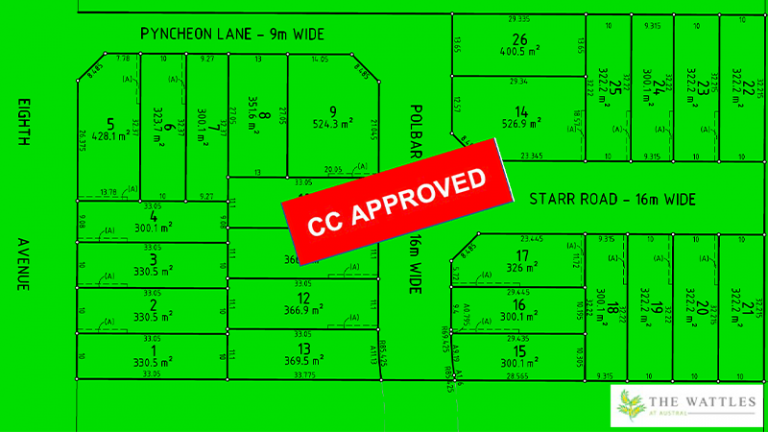 Lot plan for The Wattles at Austral off Pyncheon Lane and Starr Road, marked with a red CC Approved stamp.