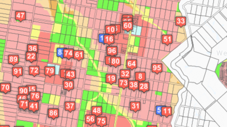 Colour-coded planning map of the Austral area with numbered markers showing lodged development applications.