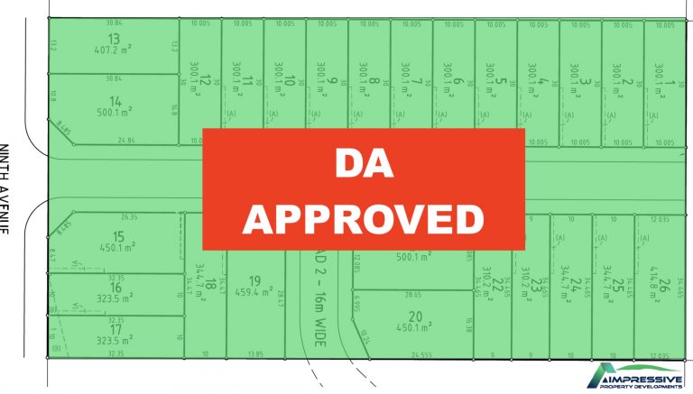 Subdivision lot layout plan for the Ninth Avenue project, marked with a red DA Approved stamp.